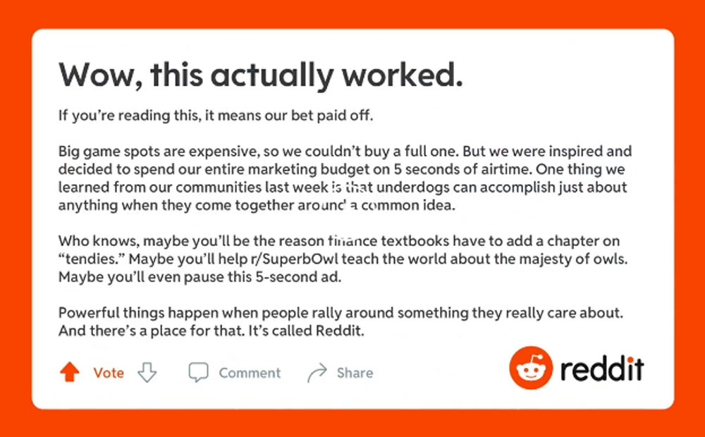 Yes, that was really a five-second Reddit ad during the Super Bowl